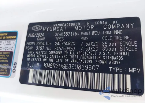 2025 Hyundai Palisade Xrt from USA, damaged, VIN KM8R3DGE3SU839607